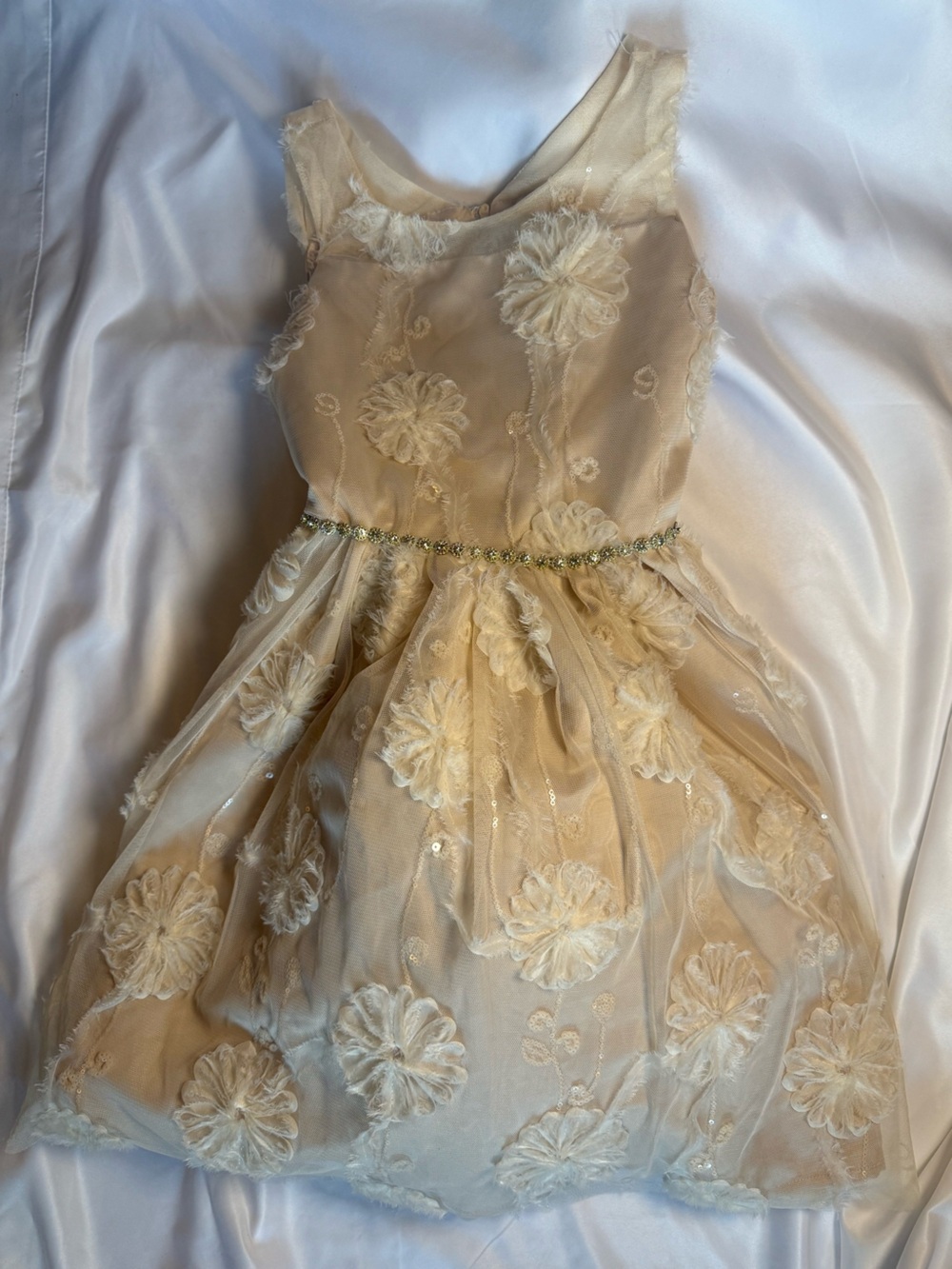 Kenneth Jay Lane Cream Floral Lace Tulle Dress with Rhinestone Belt